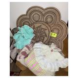 GROUP OF BLANKETS, AFGHANS, WICKER MAT