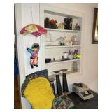 CONTENTS ON BUILT IN SHELF, FIGURINES, CANDLE HOLD