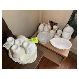 LARGE GROUP OF MILK GLASS, PLATES, CUPS, SERVING B