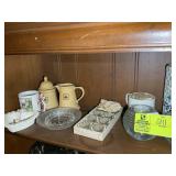 TOP SHELF OF ASSORTED CANDLE HOLDERS, FIGURINES, G