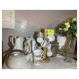 CONTENTS ON TOP OF FRIDGE INCLUDING, CORNING MUGS,