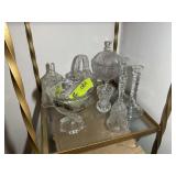 SHELF WITH ASSORTED GLASS BELLS, CANDY DISHES, ETC