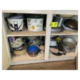 CONTENTS OF LOWER CABINET, POTS, PANS, CROCKPOT, E