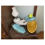 GROUP OF CENTER PIECE BOWLS AND OIL LAMP STYLE ELE