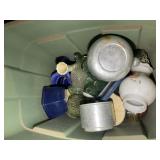 THREE TOTES OF ASSORTED GLASSES, VASES, HOME GOODS
