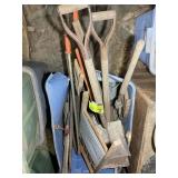 TOTE WITH MISC HAND TOOLS, SAWS, WASH BOARD, SHOVE