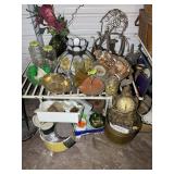 LARGE GROUP OF MISC, CLOCKS, VASES, HANGING LAMP,