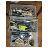 TWO TOTES CONTAINING MISC KITCHEN UTENSILS, FLATWA