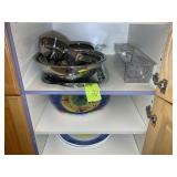 THREE SHELVES WITH ASSORTED MIXING BOWLS, SERVING
