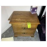 TWO DRAWER WOODEN NIGHT STAND, SOME DAMAGE TO TOP,