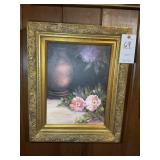 FRAMED OIL ON CANVAS BY LINDA JAMES, PINK FLOWERS