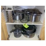 CABINET WITH ASSORTED POTS AND PANS, CUISINART, EM