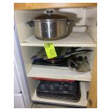 CABINET WITH ASSORTED BAKING PANS, COOKIE SHEETS,