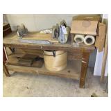 WOODEN SHOP TABLE WITH CONTETNS, CASTERS, SHRINK W