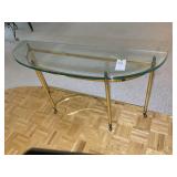 GLASS TOP BRASS COLORED METAL FRAME SOFA TABLE, 54