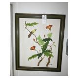 FRAMED OIL ON CANVAS, BIRD WITH FLOWERS, BY LINDA