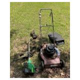 SYCAMORE PUSH MOWER, LOCKED UP AND WEEDEATER STRIN