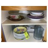 TWO SHELVES OF ASSORTED BOWLS, SERVERS, STRAINER