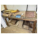 WOODEN WORK TABLE WITH VISE AND CONTETNS, 72 IN X