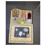 BOX WITH DECORATIVE ITEMS, CANDLES, ETC