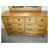 TEN DRAWER WOODEN DRESSER WITH MIRROR, 65 IN X 21.
