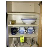 CABINET WITH LARGE BOWL, COFFEE CUPS, ETC