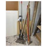 GROUP OF YARD TOOLS, PICKS, RAKES, ETC