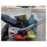 TOTE WITH CAMPING ITEMS, CHAIRS, TOILET PAPER, ETC