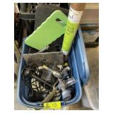 TOTE WITH GARDENING ITEMS, HOSES, GRASS SEED, ETC