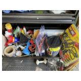 SHELF WITH FUNNELS, BUNGEE CORDS, ETC
