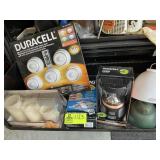 SHELF WITH LANTERNS AND STORAGE BAGS