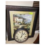 LARGE CLOCK 20 IN DIAMETER AND FRAMED PRINT 37IN X