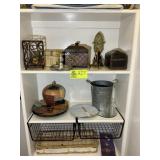 CONTENTS OF TWO SHELVES, DECORATIVE STORAGE BOXES