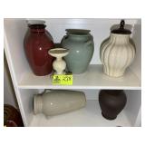 TWO SHELVES OF ASSORTED VASES, 9 IN TO 13 IN TALL
