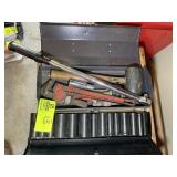 METAL TOOL BOX WITH PIPE WRENCHES AND A TORQUE WRE