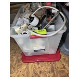 TOTE WITH ASSORTED PLUMBING ITEMS, HOSES, ETC
