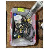 TOTE WITH CAMPING ITEMS, POWER CORDS, TANK DEODORA