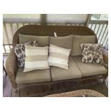 PLASTIC WICKER COUCH WITH CUSHIONS AND PILLOWS 77