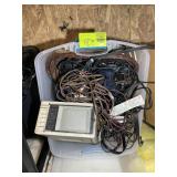 TOTE WITH ASSORTED CORDS AND GE SPACE MAKER TV RAD