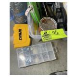TOTE WITH TAPE MEASURES, PEG BOARD HOOKS, ETC