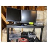 TWO SHELVES INCLUDING COMPUTER MONITORS, MISC CORD