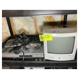 SHELF WITH GE SPACE MAKER, 9 IN TV, AND CYBER HOME