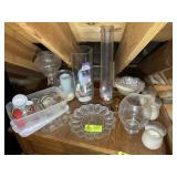 GROUP OF GLASS SERVING PLATES, CANDLE HOLDERS, ETC