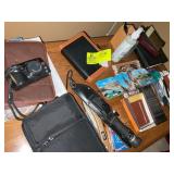 CONTENTS ON TOP OF DESK, WALLETS, KNIVES, CAMERA,