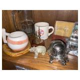 SHELF WITH ASSORTED ITEMS, PIGGY BANK, MUGS, ETC,