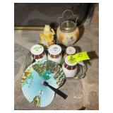 GROUP OF MUGS, FAN, FROG MUSIC BOX, ETC