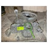 GROUP OF PRESSED AND CUT GLASS DISHES AND DECANTER