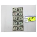 5 TWO DOLLAR BILLS, 1976