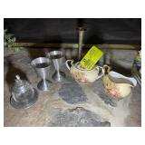 GROUP WITH AYNSLEY CREAM AND SUGAR, PEWTER GOBLETS