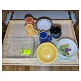 BOTTOM SHELF INCLUDING GLASS DISHES, LARGE MUGS, S